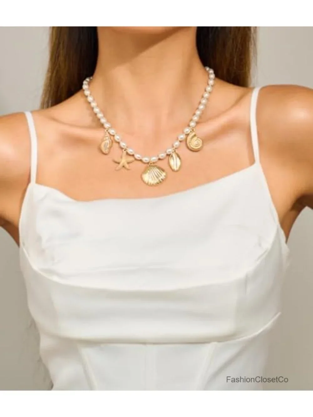 Pearl Sea Shell Charm Necklace Women Gold Plated Conch Starfish Pendant Choker